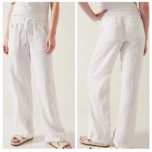 Athleta Cabo Linen Wide Leg Pants White Drawstring Waist Size 12 Zipper Pockets